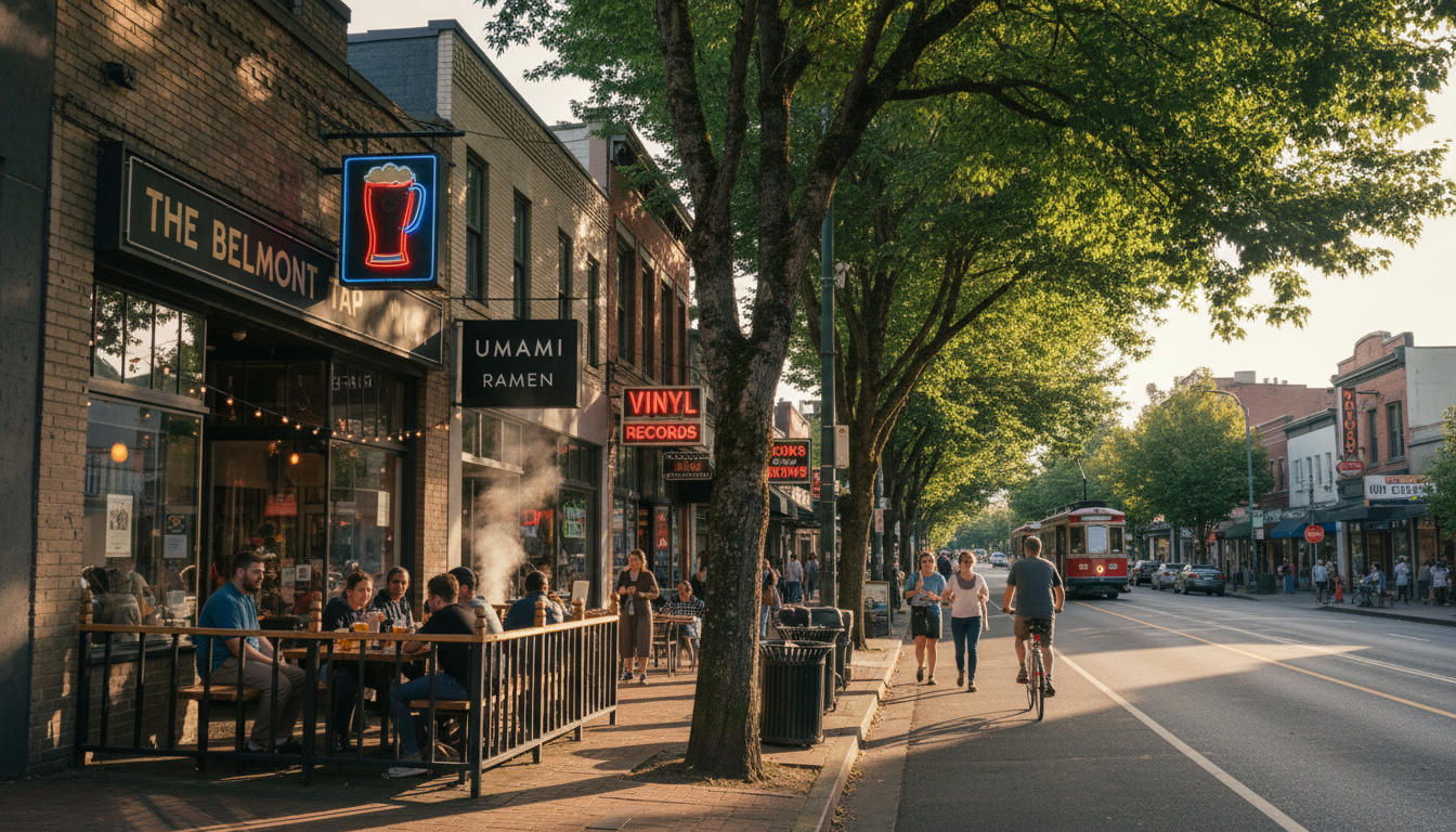 Craft beer bars and local eateries along SE Belmont Street in Portland