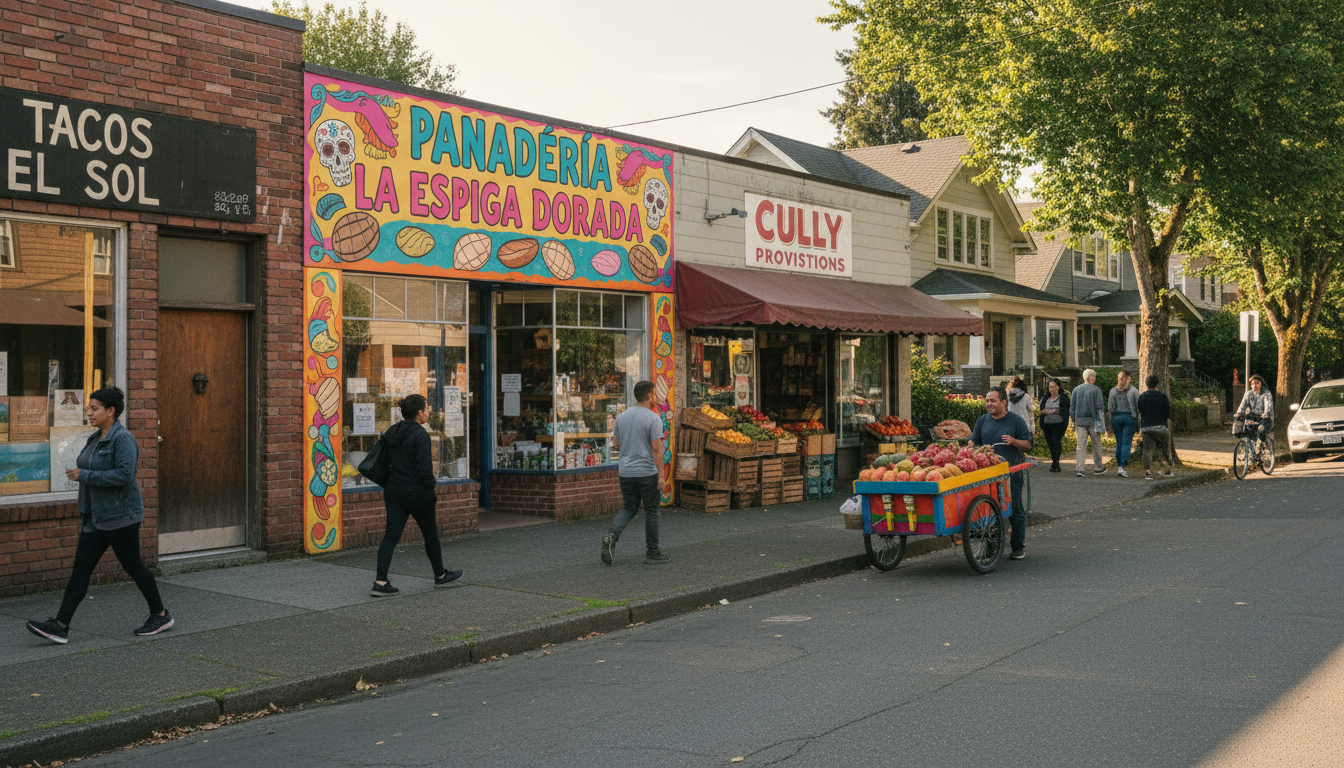 Diverse local businesses and taquerias on the streets of the Cully neighborhood