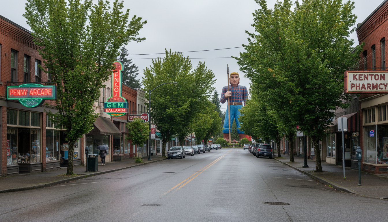 Historic Kenton main street with early 1900s storefronts in North Portland