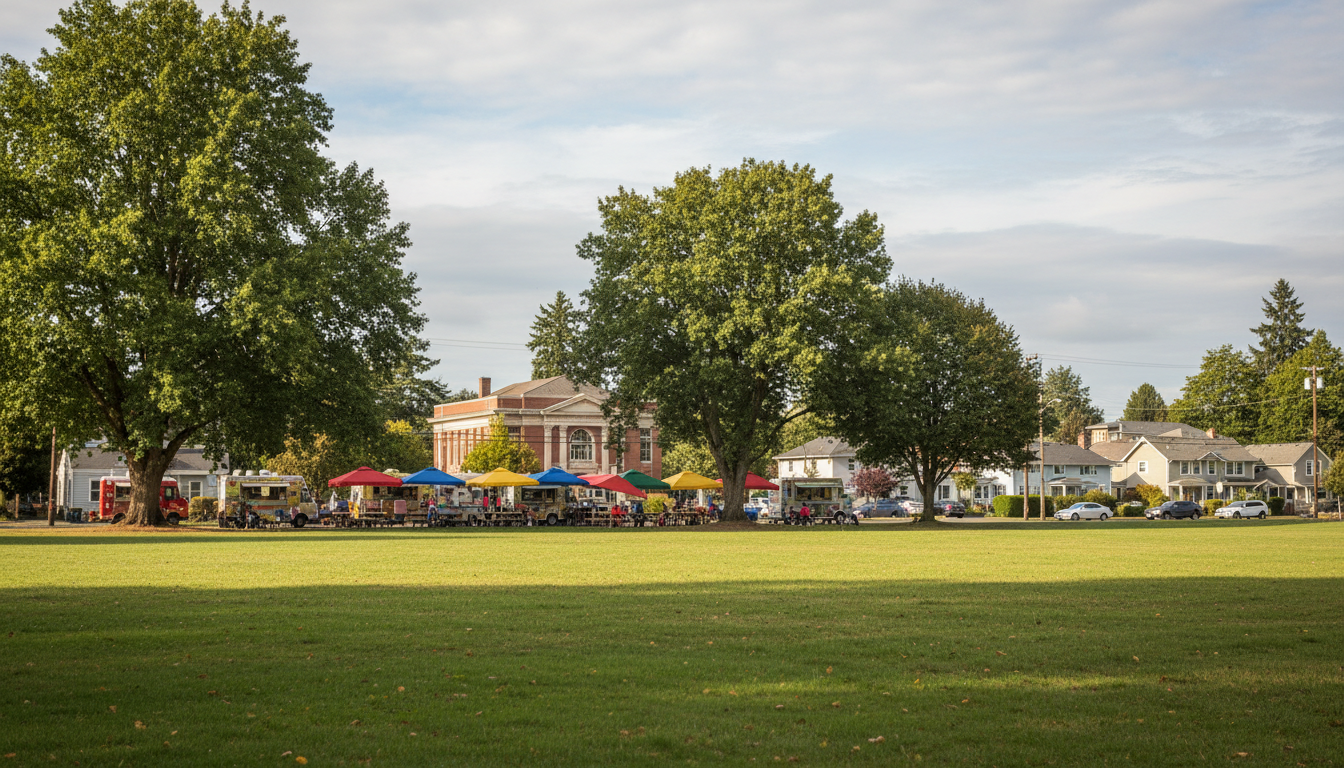 Lents Park green space with historic buildings and food carts in Southeast Portland