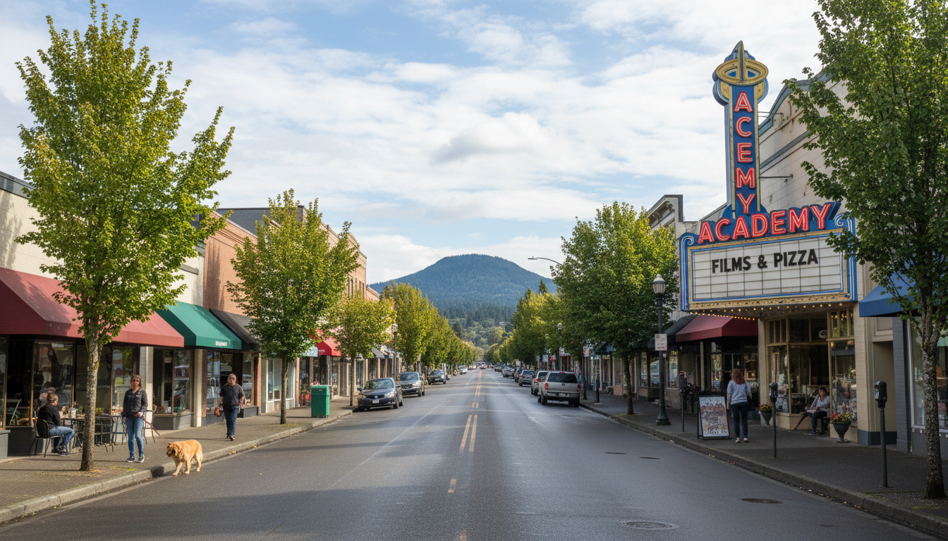Montavilla main street with the iconic Academy Theater marquee in Southeast Portland