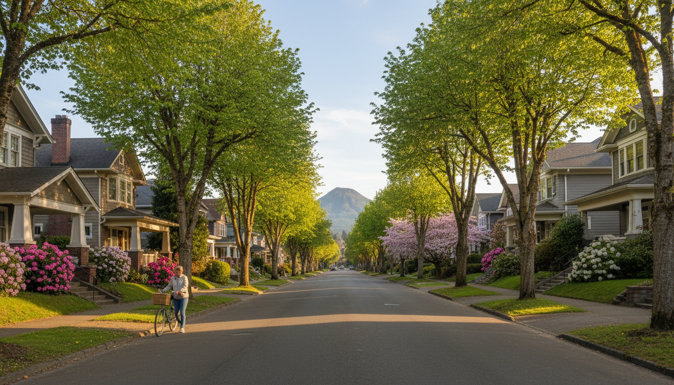 Tree-lined residential street with craftsman homes in Portland's Sunnyside neighborhood